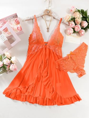 Image of Foxiny Sexy Open Front V Neck Ruffle Sheer Mesh Lace Wireless Babydoll Lingerie Dress with Thong 2 Piece