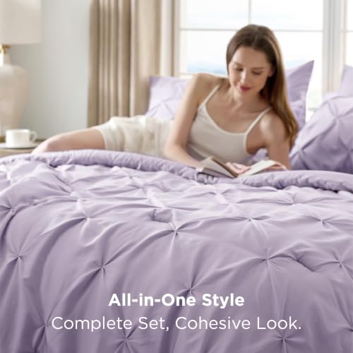 Image of Bedsure Full Comforter Set Light Purple - Bed in a Bag Full Size Bedding Set 7 PCS, GentleSoft Pintuck Bed Set Gift for Family, All Season Down Alternative Comforter with Sheets, Pillowcases & Shams
