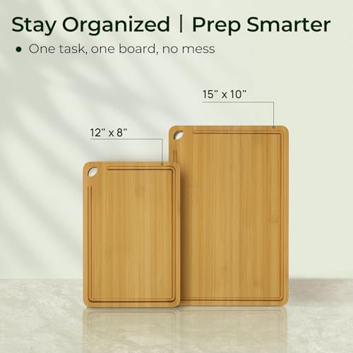 Image of Keechee Natural Bamboo Cutting Board Set of 2, Wood Chopping Blocks | Deep juice grooves, built-in handles, versatile two piece set for meat, cheese and fruit
