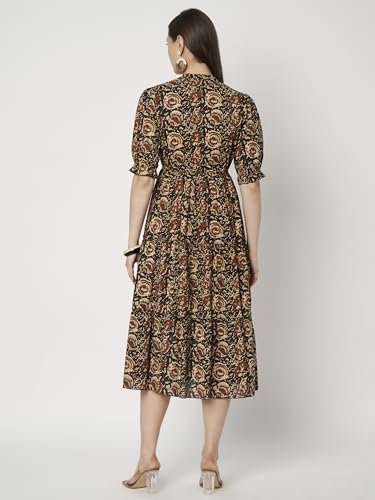 Image of Women's Floral Summer Maxi Dress I Cotton Printed I One Piece Bodycon Midi Dress with V-Neck, Puffed Sleeves