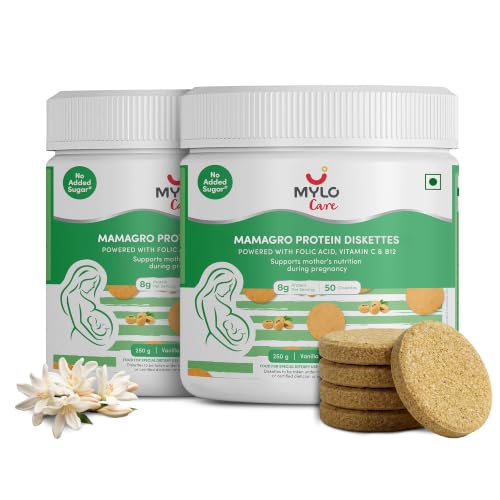 Mylo Care MamaGro Protein Diskettes | High Protein Snack for Pregnant Women | Supports Baby Growth, Placenta Development & Daily Nutrition (250 g (Pack of 2), Vanilla)