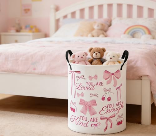Image of ESSME Kids Laundry Basket,Pink Hamper Collapsible Canvas Waterproof Storage Bin for Girls, Cute Hamper,Gift Baskets(bow)