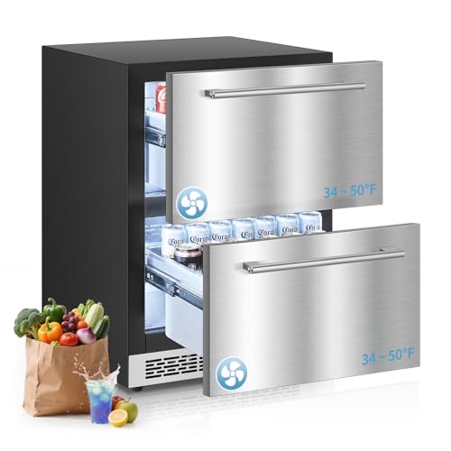 FOHERE 24 Inch Outdoor Drawer Refrigerator 5.12 Cu.Ft. 2-Drawer Undercounter Beverage Fridge 304 Stainless Steel IPX4 Weather-Resistant Frost-Free Built-in Cooler for Patio Kitchen