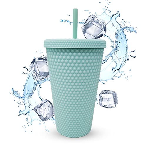 Nadia's Little Treasures Studded Tumbler Straw Lid, Plastic Double Walled Cold Cup for iced Coffee Water, Slush or Smoothies