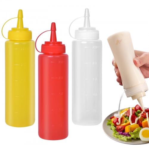 Condimento Botellas, 3 Pcs Botella de Salsa con Tapa, 250Ml Squeeze Bottle, para Condimentos, Salsa de Tomate, Mayonesa, Salsa Picante y Aceite de Oliva（Rojo + Blanco + Amarillo）