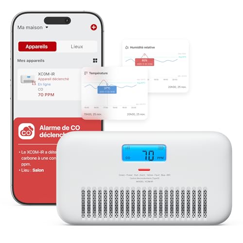 X-Sense Détecteur de Monoxyde de Carbone Connecté avec Alertes Vocales Français, Détecteur de CO avec Moniteur de Température et d'Humidité, Batterie Remplaçable, Niveau de Pic CO Historique, XC0M-iR
