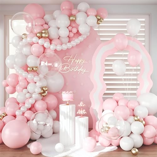 Image of Pink and White Balloon Garland Kit, 48 Pieces, Party Decoration Set with Gold Accents