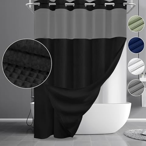 YellyHommy No Hook Shower Curtain and Liner Set Less Time Black Waffle Cotton Hotel Shower Curtain with Snap in Liner 72" Wx 75" L Cover