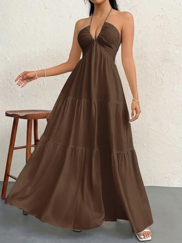 Image of Narecte Women's Maxi Summer Dresses Halter V Neck Beach Dresses for Women A-Line Casual Dress for Vacation