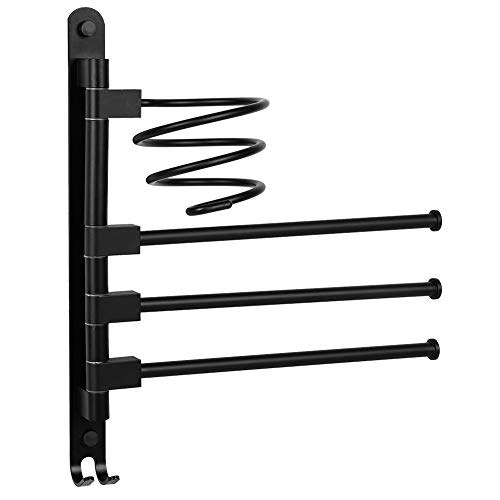 Preisvergleich Produktbild Cocoarm Handtuchhalter Haartrocknerhalter, Dreiarmig Schwenkbarer Handtuchstange, Spiraleform Haartrockner Halterung mit Kabelhalter Wandmontage 40cm Aluminium Badaccessoires Badzubehör Schwarz
