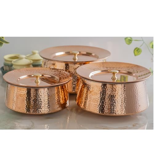 Image of Indian Art Villa Handcrafted Hammered Copper Serving Handi with Lid and Tin Lining - Traditional Indian Cookware Handi for Serving Rice, Curries, and Dishes - 2800 ML Capacity