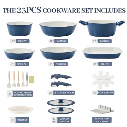 Image of 23Pcs Ceramic Cookware Set Non Stick Pots and Pans Set Non Toxic with Detachable Handle Induction Kitchen Cookware Set Space Saving, Oven & Dishwasher Safe, Navy Blue