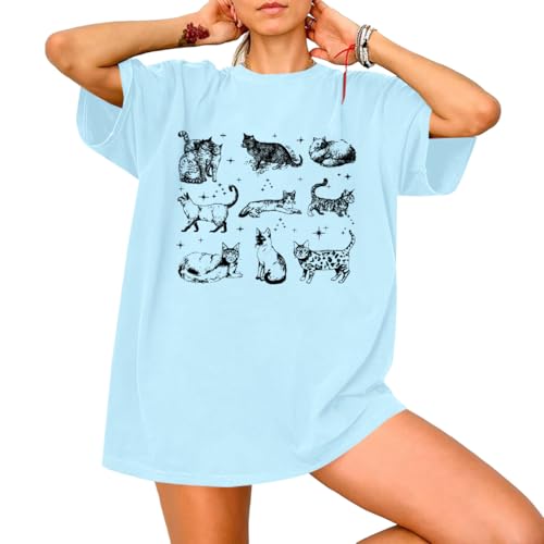 SFHFY Cat Shirts for Women: Oversized Cat Mom T-Shirt Funny Kitty Lover T Shirt Y2K Kitten Graphic Vacation Tee Top Light Blue