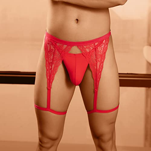 Men Jockstrap Thong Lace Belt Lingerie See Through Pouch Lightweight Underwear Sexy Breathable Hollow Briefs G String Red2