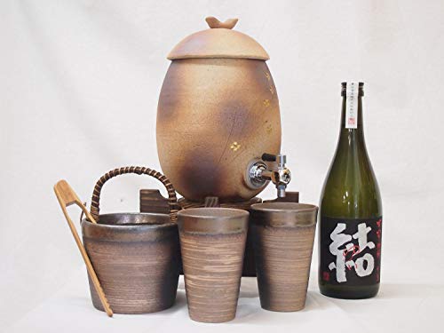 信楽焼・明山窯 焼酎サーバー 火色金小紋 2200cc(滋賀県)+萬古焼・備前金彩焼酎ペアカップ 氷入れ(三重県)+芋焼酎 濱田酒造 結 720ml