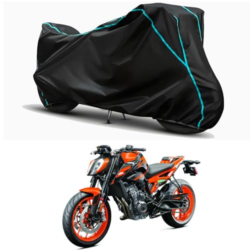 Image of Waterproof Bike Body Cover Compatible for | KTM 890 Duke STD | Taffeta Fabric, Sky Piping Design, Bottom Elastic Fit | Dustproof, Sun UV & Rain Protection for All Weather.