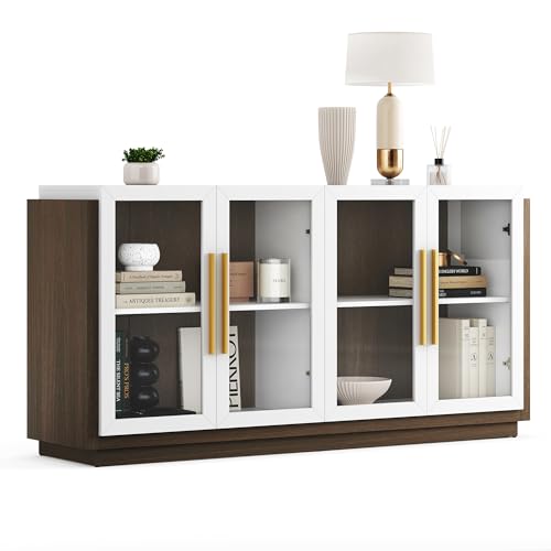 BELLEZE Sideboard Buffet Cabinet, Modern Wood Glass-Buffet-Sideboard with Storage, Console Table for Kitchen, Dining Room, Living Room, Hallway, or En