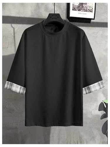 Image of OYOANGLE Men's Textured 3 /4 Sleeve Drop Shoulder T Shirt Loose Fit Plaid Cuff Tee Tops