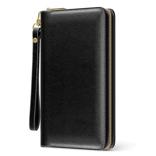 Image of Nipichsha Womens Wallet, RFID Wristlet Wallet for Women, Cute Ladies Purse, Large Credit Card Clutch Purse, Leather Card Holder Wallets with Zipper & Phone Holder, Black