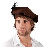 Die mittelalterliche Mütze, der Firma Boland, ist aus braunem Filzstoff gefertigt und mit einer schwarzen Feder geschmückt