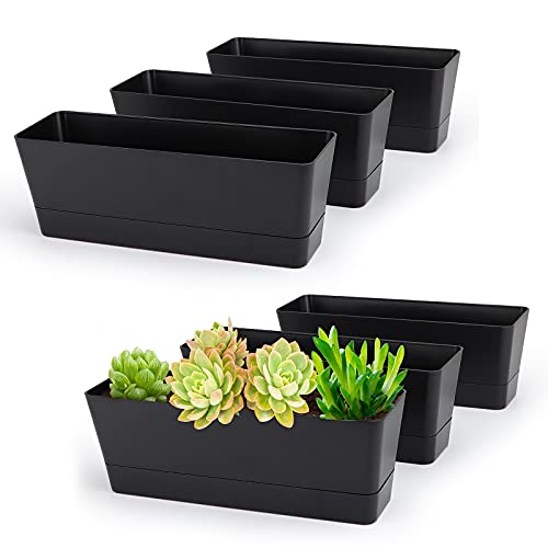 Greaner 6 Pack Herb Planters, 12X3.8 Inch Black Rectangle Window Boxes With Tray, Indoor Succulent Cactus Mint Plastic Pot For Windowsill, Balcony, Office, Outdoor Garden #TOP4