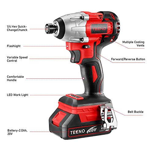 TEENO - Caja de herramientas con taladro atornillador de percusión y atornillador de impacto de 20 V, conjunto de herramientas con taladro, para reparación, mantenimiento y trabajo, con 2 x 3,0 mAh - imagen 8