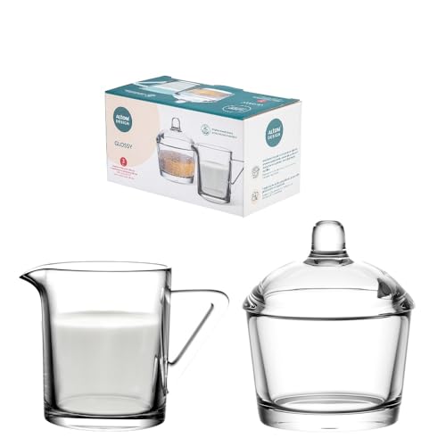 Altom Design Zuccheriera da 210 ml e caraffa per latte da 200 ml, in vetro, trasparente