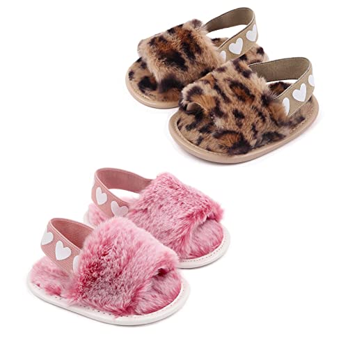 Image of Yinbwol 2 Pack Infant Baby Girls Sandals Elastic Back Strap Flats Slippers Soft Toddles Princess Shoes Faux Fur Slides Shoes First Walker House Shoes