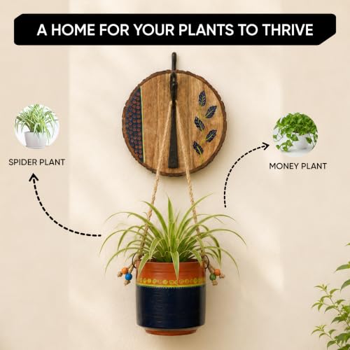 Image of AAKRITI ART CREATIONS Wall Hanging Planter with Hook | Blue & Brown Earthen Planter on Round Wooden, Modern Art, Matte Finish | Metal, Terracotta & Wood | Decorative Hanging Pot for Indoor & Outdoor