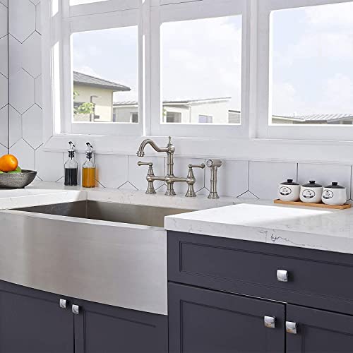 Vccucine Bridge Kitchen Faucet, 4 Hole Kitchen Faucet With Side Sprayer, Antique Brass 8 Inch Centerset 2 Handle Farmhouse Sink Faucet, Stainless Steel Kitchen Faucets For Sink 3 Hole #TOP5