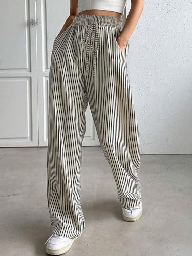 chouyatou Women's Casual Striped Wide Leg Pants Drawstring Elastic Waist Dress Palazzo Pants with Pockets3