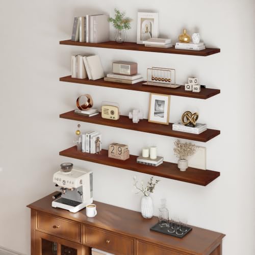 Image of 48 Inch Long Floating Shelf for Wall, 4 Tier Solid Wood Floating Book Shelf,Walnut Large Wall Shelf with Heavy Duty Brackets,Floating Bookshelf for Living Room