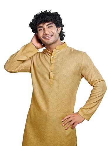 Image of Vardha Men's Cotton Shaded Printed Kurta with Moroccan Pattern and Stitched Design and Mandarin Collar Style | Kurta for Men