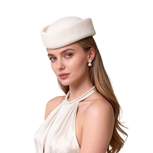 Vintage White Wool Felt Pill Box Hat for Women 1960s Style Bridal Fascinator Church Wedding Cocktail Hat with Elastic Strap & Hidden Comb