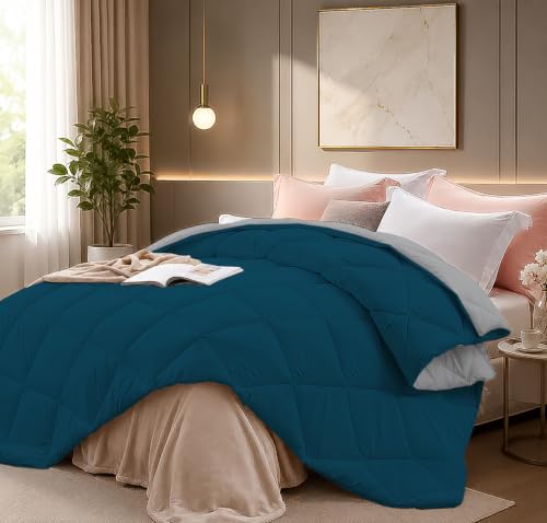 Image of Super Comfort Microfiber 400 GSM Reversible Winter Comforter for Single Bed Rajai /Blanket Diamond Stitch (60 inch x 90 inch Inches /152cm x 228cm) - Comforter Single Bed|Silver /Teal Blue