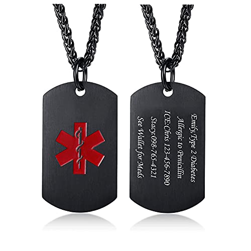 VNOX Personalized Custom Engraving Stainless Steel Emergency Medical Alert ID Dog Tag Pendant Necklace for Men Women