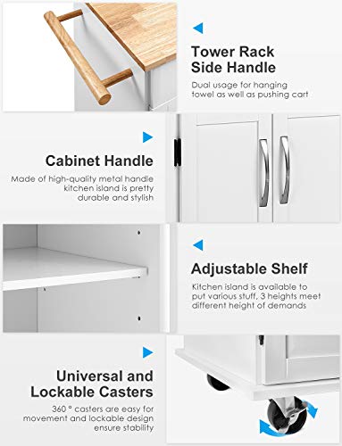 kealive Kitchen Island on Wheels Rolling Kitchen Island Cart with Storage, Handle Rack Rubber Wood Top Cabinet, White, 48.2L x 18.5W x 35.4H
