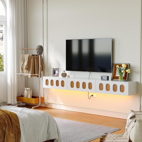 FloatiCasa Fully-Assembled Floating TV Stand, 55IN Hign Gloss Wall Mounted Entertainment Center, TV Cabinet with Flip Doors and Drawers for Gaming Box, Space-Saving Under TV Shelf for Livingroom by FloatiCasa - Used condition - CA$189.77