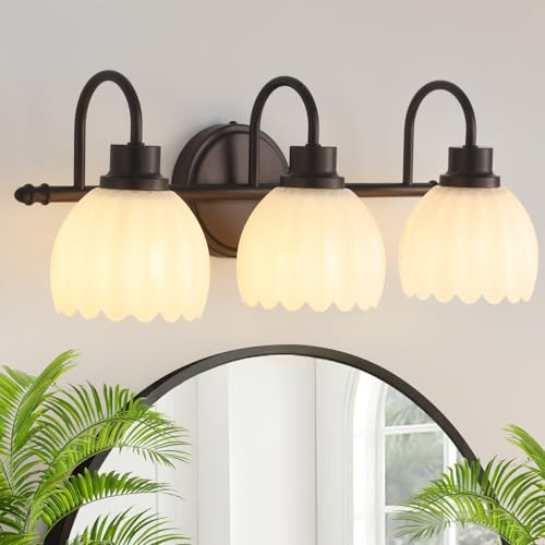 Image of Bathroom Light Fixtures (3-Light, 20 Inch), Oil Rubbed Bronze Vanity Lights for Bathroom with Ribbed White Tulip Glass Shade, Vintage Vanity Wall Lights for Mirror Bedroom Living Room Hallway