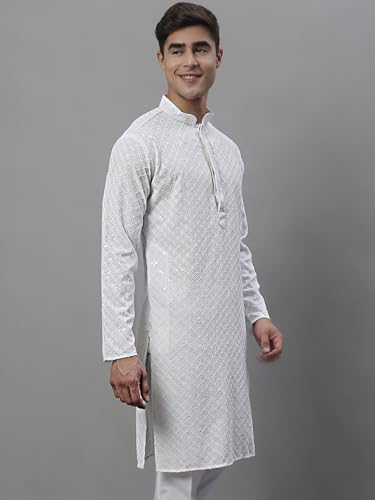 Image of Jompers White Chikankari Embroidered and Sequence Men's 3XL Regular Fit Knee Length Kurtas