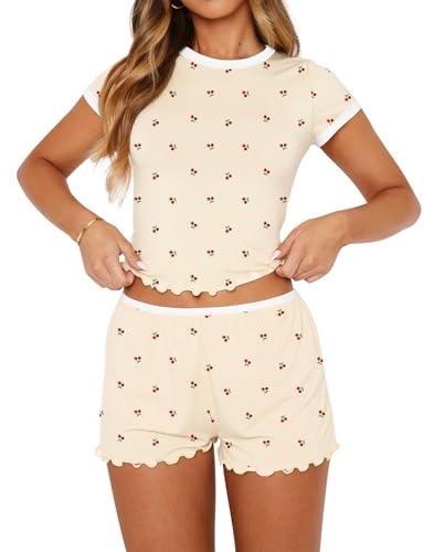 Image of Lacozy Cute Pajamas for Women Set 2 Piece Short Sleeve Pjs Floral Graphic Crop Top Y2K Summer Sleepwear Lounge Set