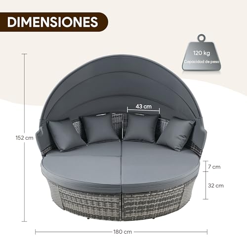 VONLUCE 4 Piezas Tumbona de Cama de Ratán para Jardín Sofá Cama con Cojínes y Almohadas Cama Modular Exterior con Toldo Ajustable - Image 2
