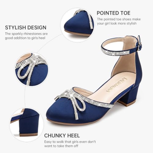 Image of LAURMOSA Girls Sandals Closed Toe High Heels Pointed Toe Ankle Strap Pumps Flower Girl Dressy Shoes in Wedding Party Cute Bowknot Chunky Block Heeled for Little Big Kids