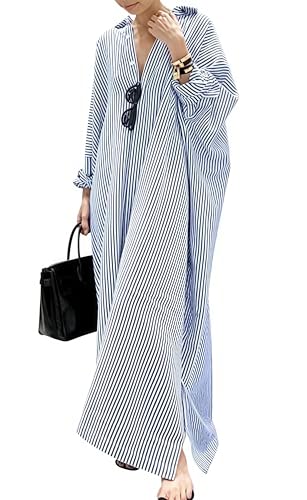 Women's Fashion Striped Straight Long Temperament Plus Cardigan Dress, Loose Fit，Suitable for All Seasons (Blue,Medium)