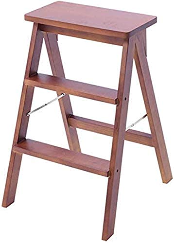 Taburete portátil de 3 peldaños marrón, escalera de madera y taburete alto 6