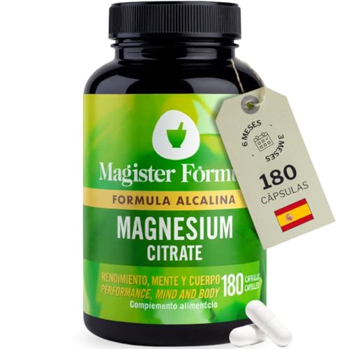 Citrato de Magnesio Capsulas 2400mg | 180 Alta Dosis Citrato Magnesio Elemental Puro | Efecto Alcalino | 375mg de Biodisponibilidad | Magnesium Citrate Para Más Oxígeno y Energía | Reduce Cansancio