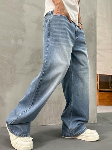 Image of Lymio Jeans for Men | Loose Fit Baggy Denim Pants | Mens Stylish Light Blue Wide Leg Vintage Washed Trousers | Casual Button Front Classic Pocket Styling Comfortable Streetwear Pant (LU-76-77)