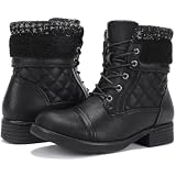 STQ Combat Boots Womens Lace-up Ankle Boots Warm Slip On Booties Vintage All Black US 8.5