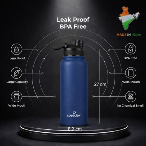 Image of Speedex Vacuum Insulated Stainless Steel Water Bottle 1 Litre (1000ml / 1L / 1 Ltr) with 2-in-1 Lid (Straw & Spout), Hot & Cold Leakproof Thermosteel Travel Flask for Office, Gym & School (Teal Blue)