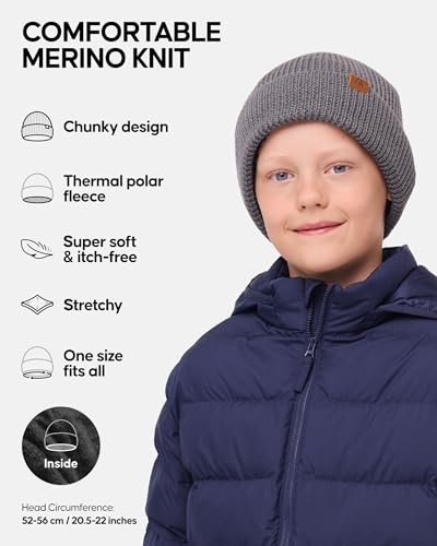 Image of DANISH ENDURANCE Kids Beanie for Winter, Children's Merino Wool Fleece Lined Hat